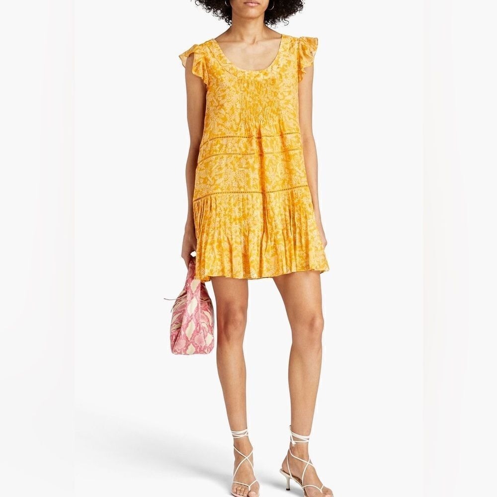 Saloni Yellow Floral Animal Print Mini Dress Ruffle Sleeve Pleated Hem NWT